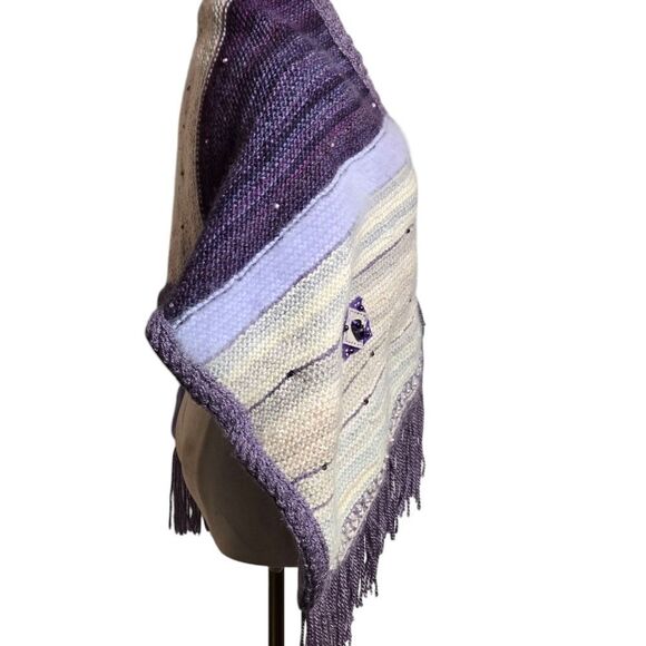 Purple and Cream Striped Hand Knit Shawl with Fringe And Embellishments - Picture 4 of 6